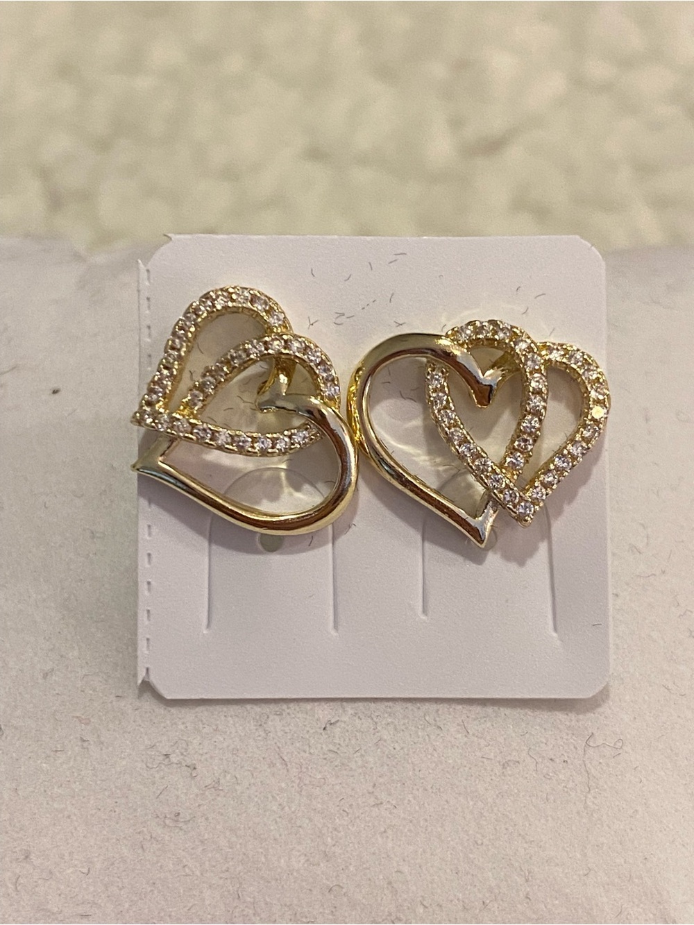 Gold-tone Double Heart Crystal Stud Earrings Pushbacks